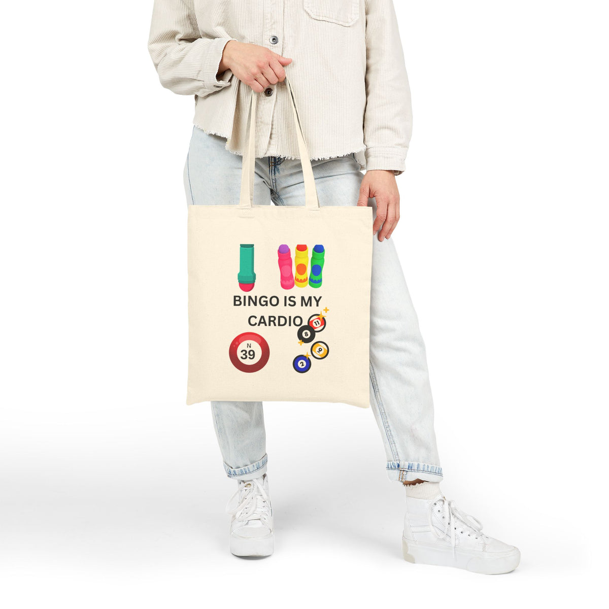 Tote Bag — "Bingo Is My Cardio" Colorful Bingo Balls & Dabbers Canvas Tote