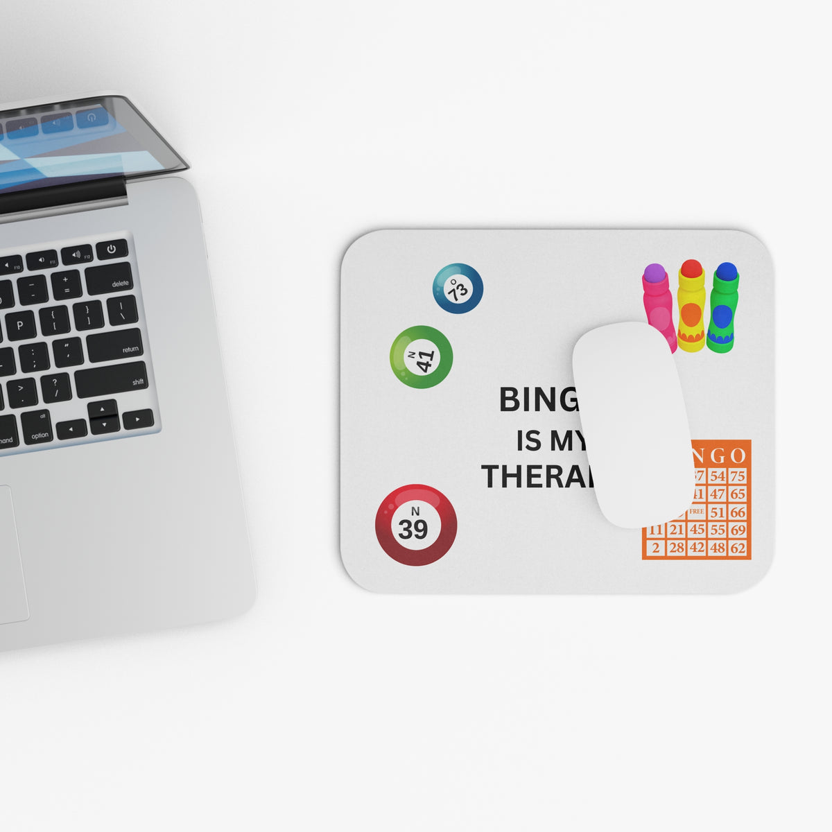 Bingo Is My Therapy Mouse Pad Colorful Bingo Balls & Markers Desk Mat