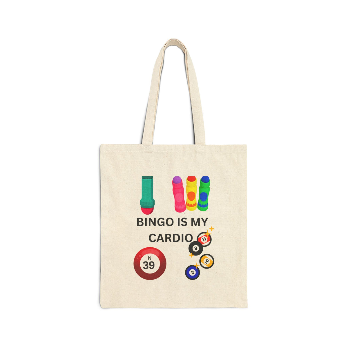 Tote Bag — "Bingo Is My Cardio" Colorful Bingo Balls & Dabbers Canvas Tote