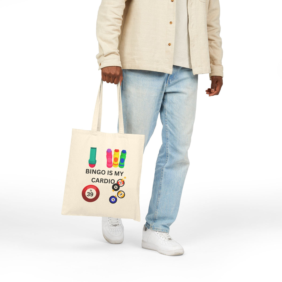 Tote Bag — "Bingo Is My Cardio" Colorful Bingo Balls & Dabbers Canvas Tote