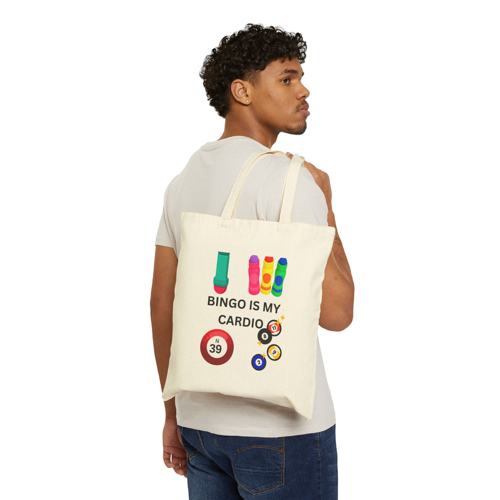 Tote Bag — "Bingo Is My Cardio" Colorful Bingo Balls & Dabbers Canvas Tote