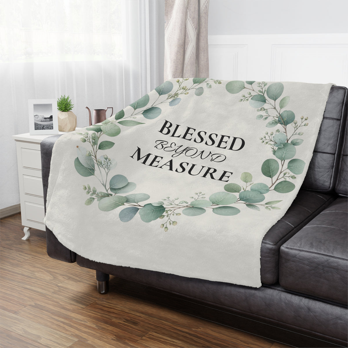 Blessed Beyond Measure Minky Blanket — Floral Eucalyptus Wreath Throw